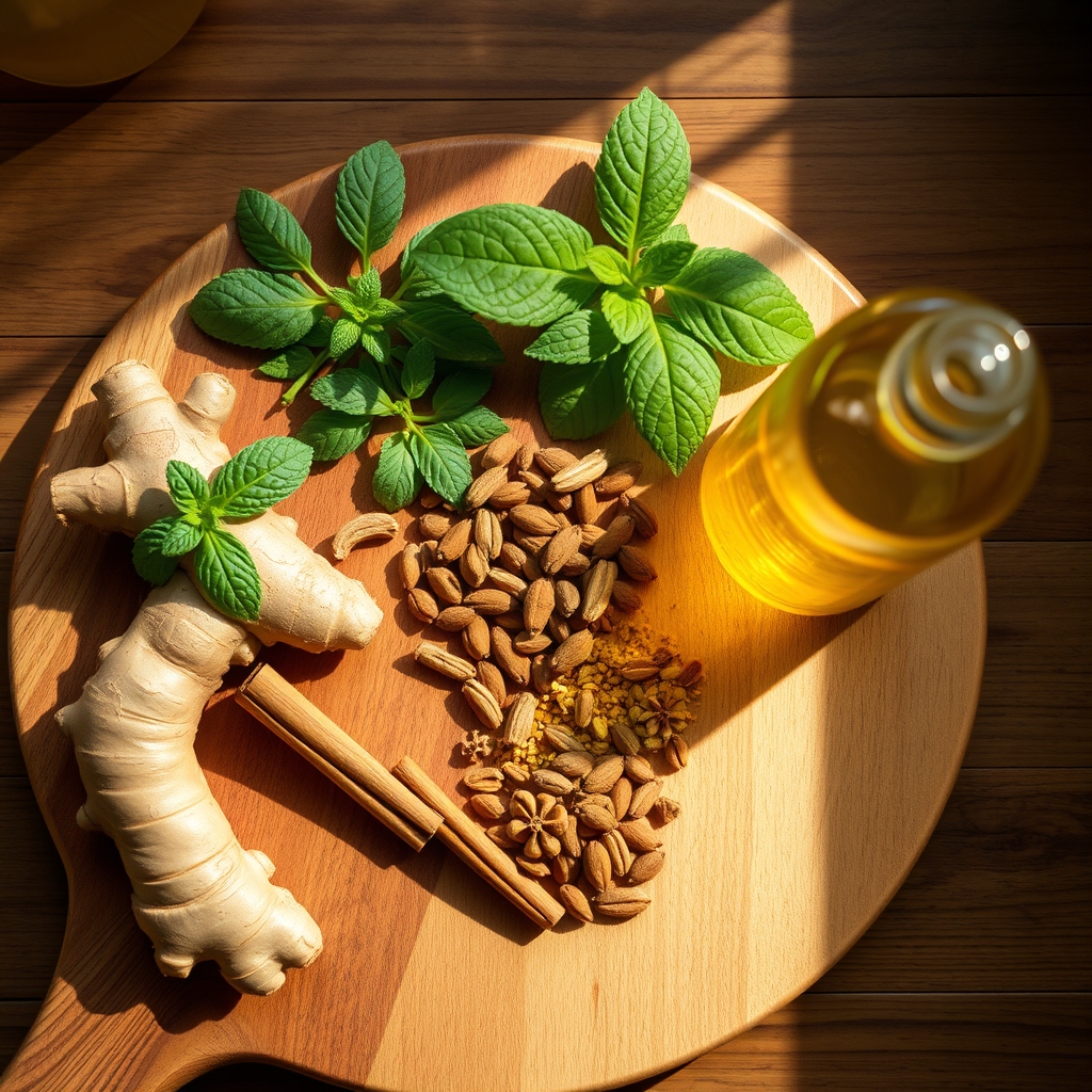 colorful spread of pregnancy-safe herbs and spices on a wooden board