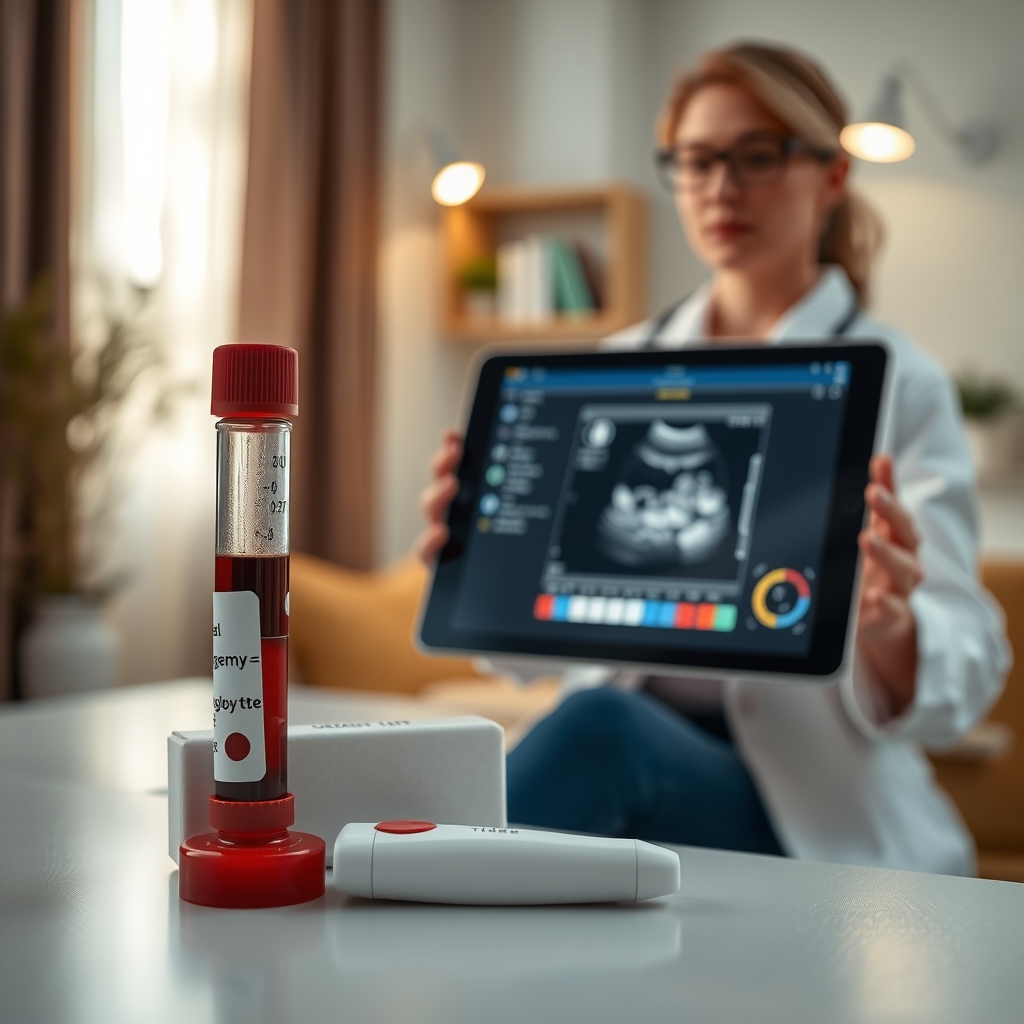 A serology test kit with a vial of blood, a pregnancy ultrasound image, and a medical professional reviewing results on a tablet