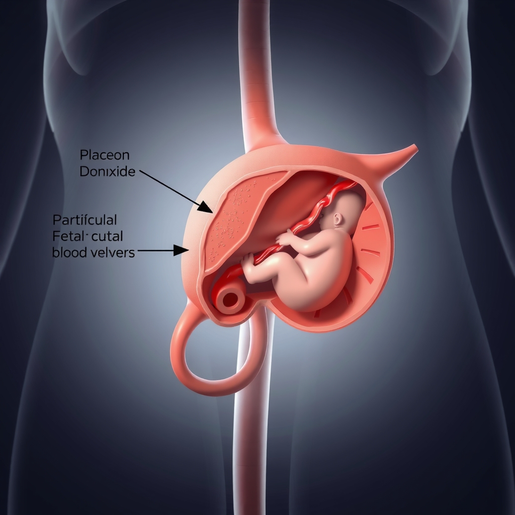An illustration of how carbon monoxide and particulate matter from fireplace smoke can cross the placenta and affect fetal development