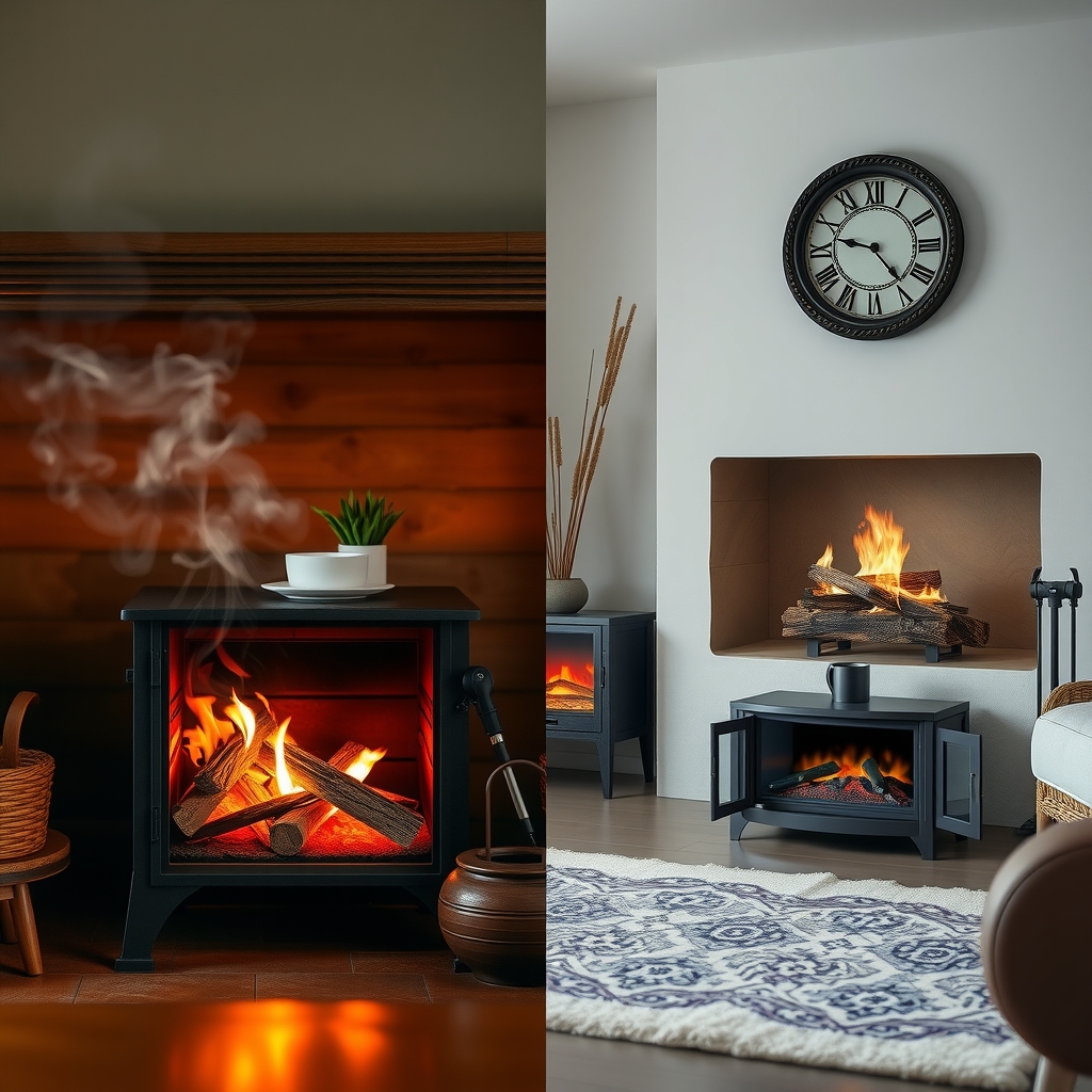 A close-up of a wood-burning fireplace emitting visible smoke, with a side-by-side comparison of a gas fireplace with minimal emissions