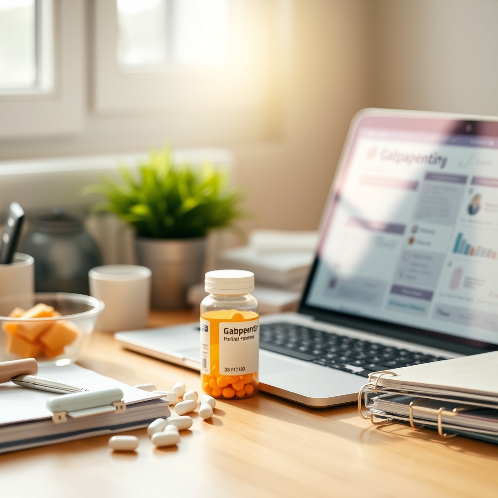 a calm home office desk with a pill bottle, a water glass, a pregnancy planner, and a laptop open to a medical website, illustrating thoughtful medication management during pregnancy