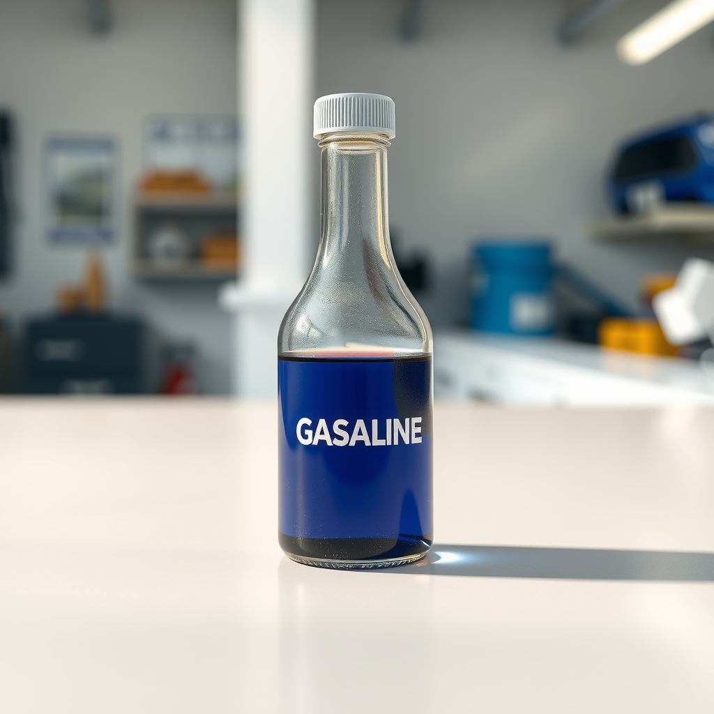 A clear glass bottle of gasoline on a clean, light-colored surface, with a blurred background suggesting a garage or workshop.
