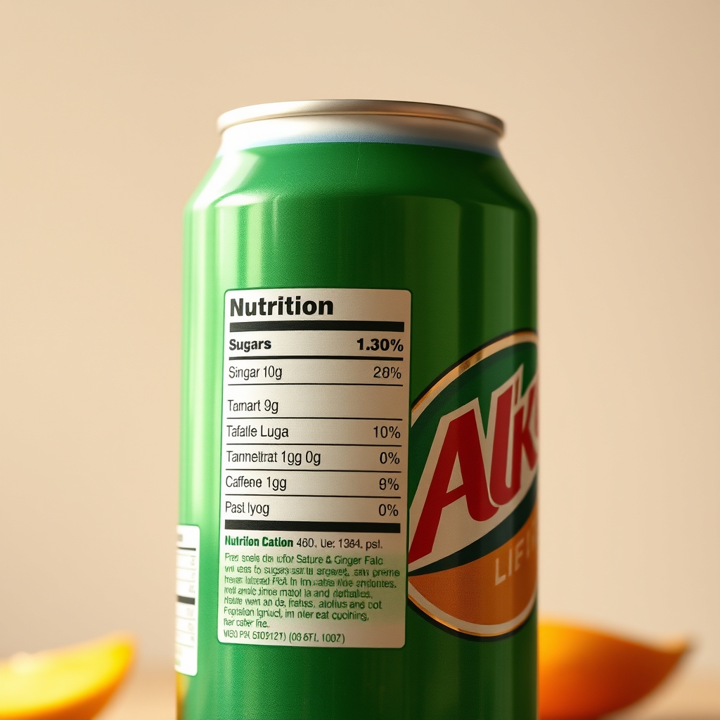 Close‑up of a ginger ale nutrition label highlighting sugar, caffeine, and ingredient sections, placed on a wooden countertop with soft natural lighting