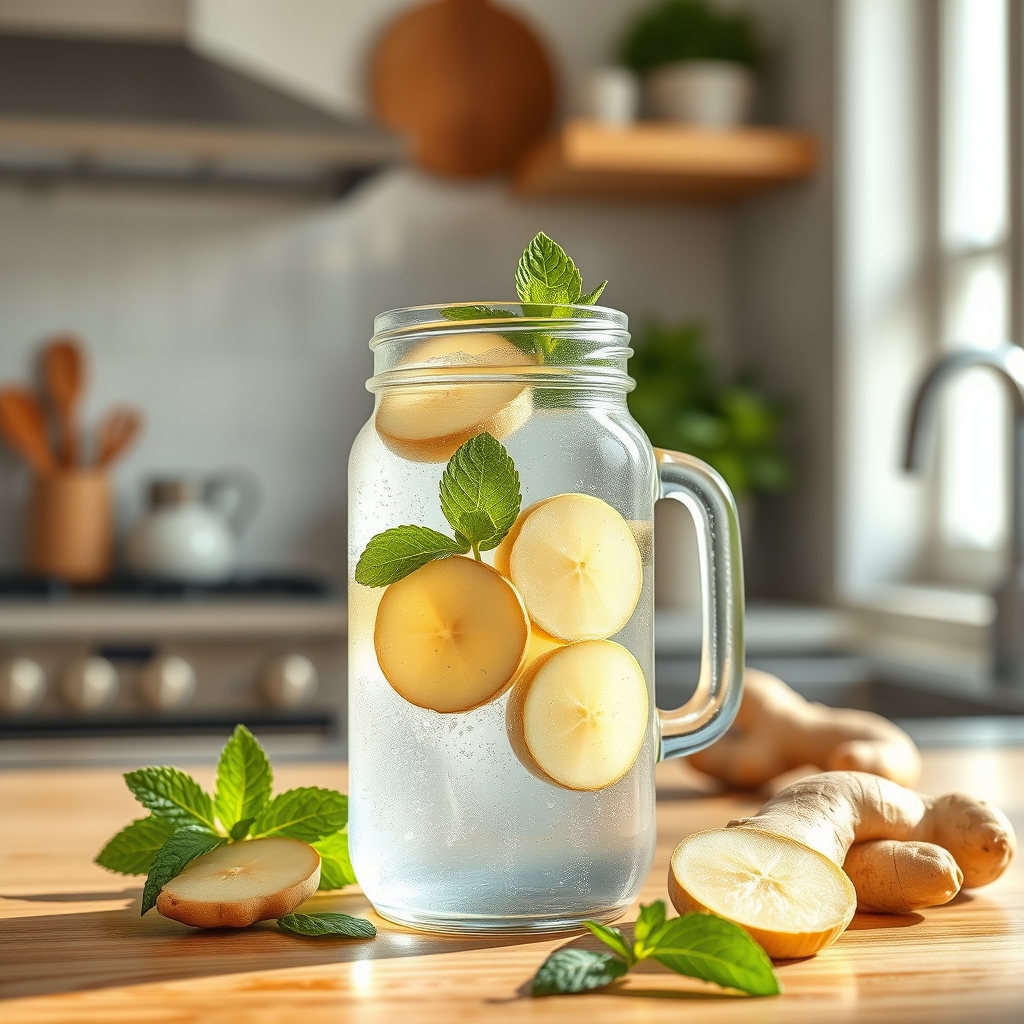 A mason jar filled with sparkling water, fresh ginger slices, and a sprig of mint, placed on a wooden table with daylight, illustrating a homemade ginger‑infused beverage