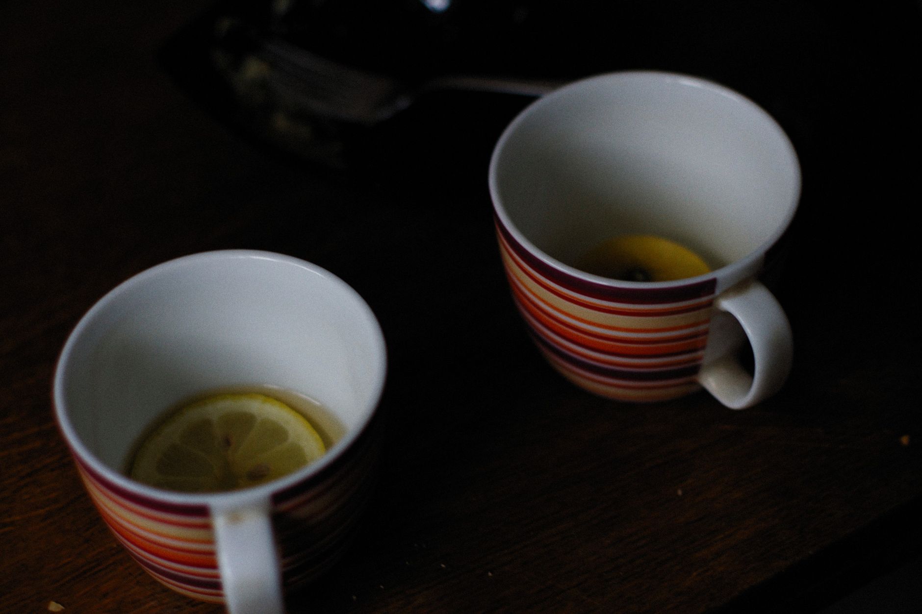 a cozy kitchen scene with a teapot, a mug of ginger tea, a slice of lemon, and a notebook open to a pregnancy diary, soft afternoon light