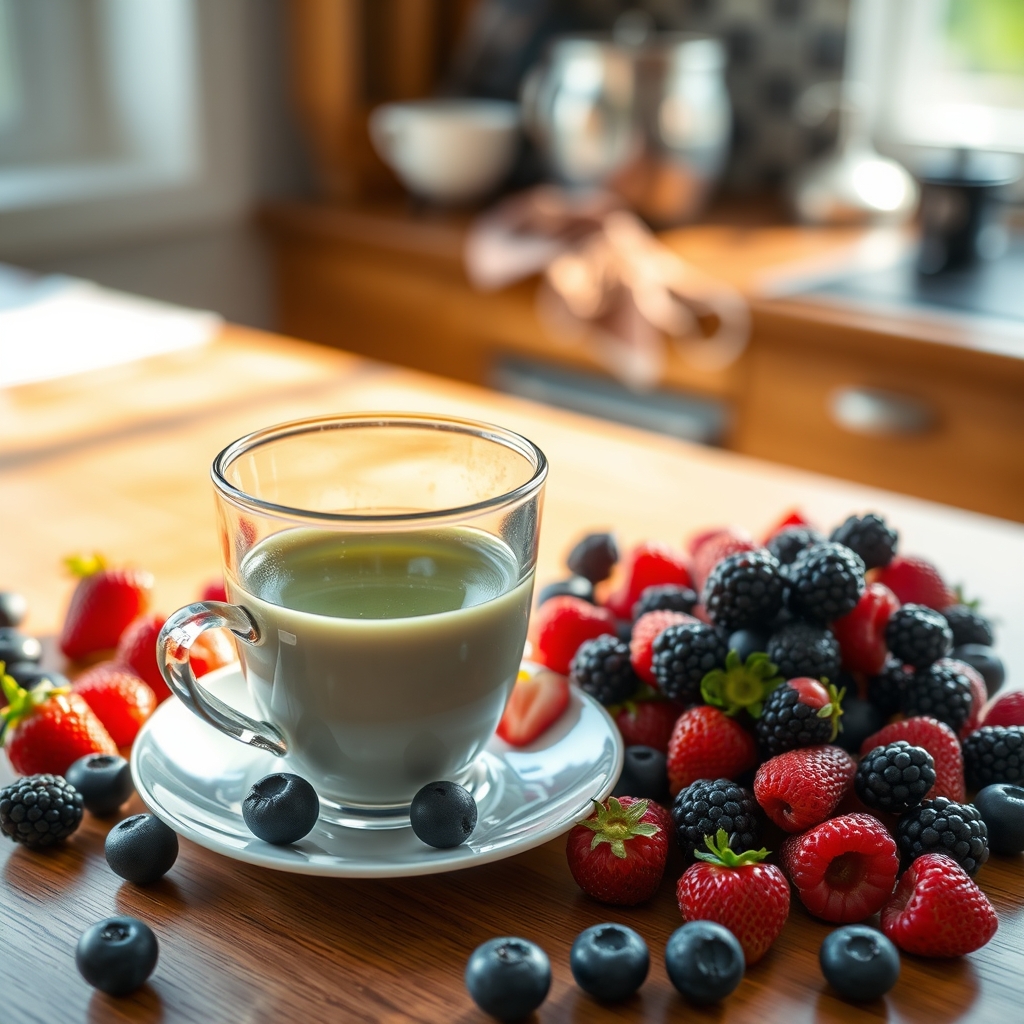 A colorful bowl of fresh berries and a cup of green tea on a kitchen counter, bright natural light emphasizing the antioxidant foods