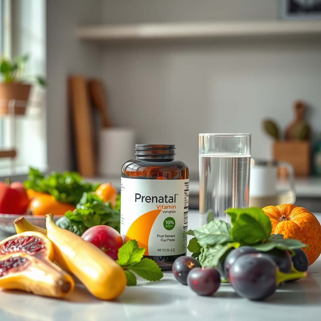A prenatal vitamin bottle surrounded by fresh fruits, leafy greens, and a glass of water, bright kitchen setting emphasizing whole‑food nutrition for pregnancy
