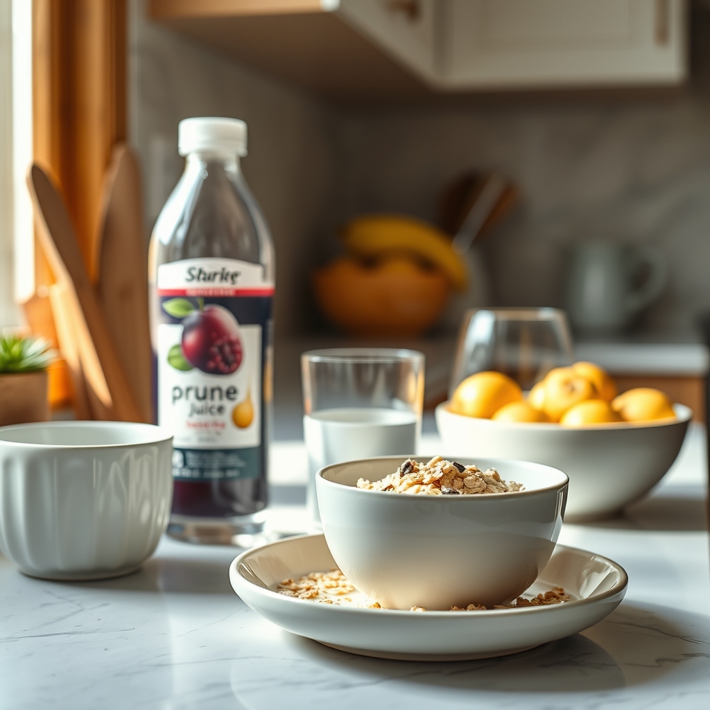 a calming kitchen counter with a bowl of high‑fiber oatmeal, a glass of water, and a bottle of prune juice, soft morning light