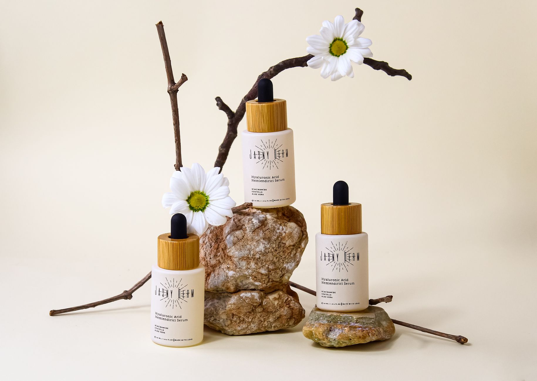 A collection of pregnancy‑safe skincare bottles on a wooden vanity, including a glycolic acid serum, a lactic acid moisturizer, and a bottle of rose water toner, soft natural light highlighting the gentle packaging