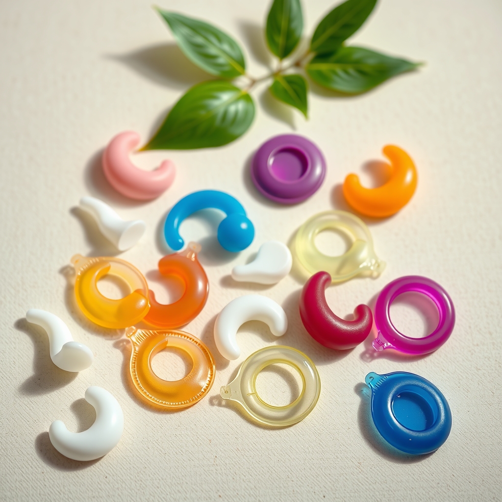 variety of condoms and dental dams displayed on a neutral background