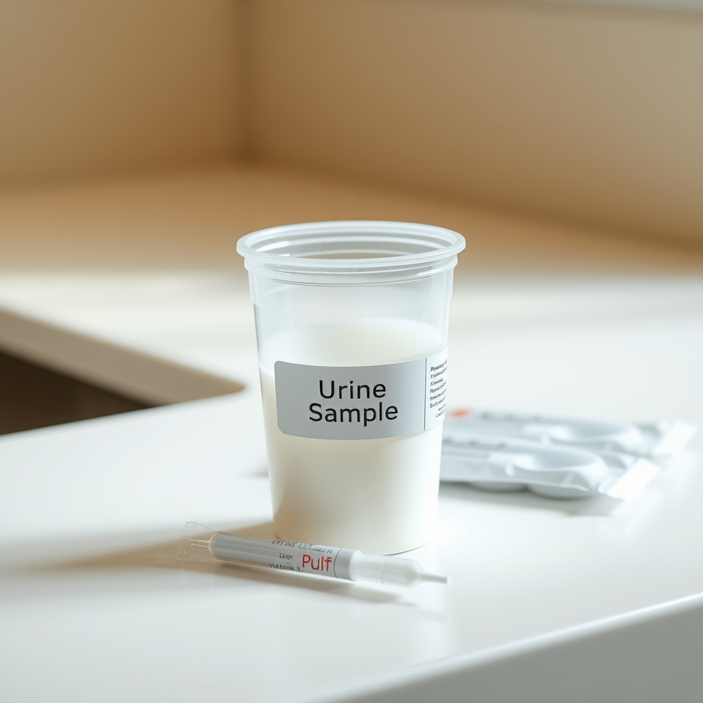 close-up of a urine sample cup and a swab kit for STI testing