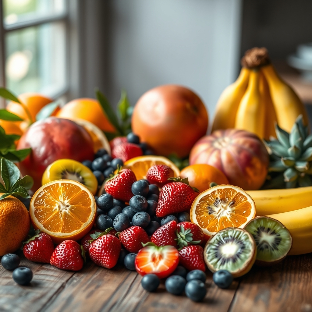 A selection of colorful, pregnancy-safe fruits arranged attractively on a rustic wooden table.