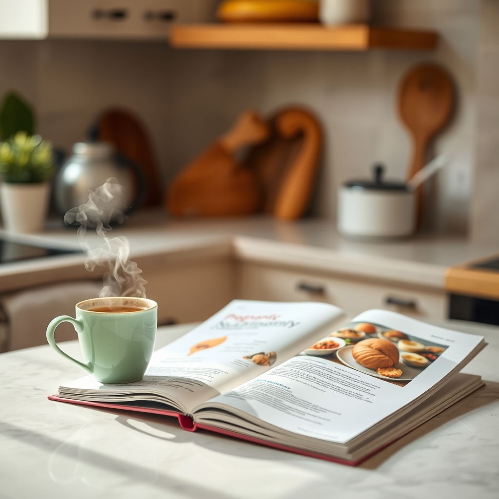 A cozy kitchen counter with a steaming cup of green tea beside a pregnancy-safe nutrition guide, soft morning light highlighting the steam
