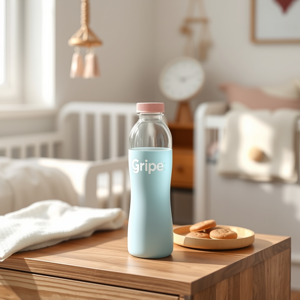a calm nursery scene with a bottle of gripe water on a dresser beside a pacifier, soft pastel lighting, emphasizing gentle parenting