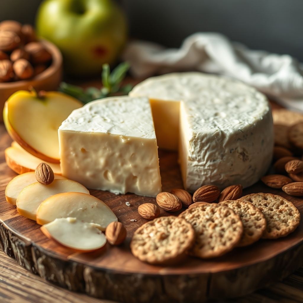 a rustic cheese board featuring slices of Gruyère, fresh apples, nuts, and whole‑grain crackers, illustrating a balanced snack for expectant mothers