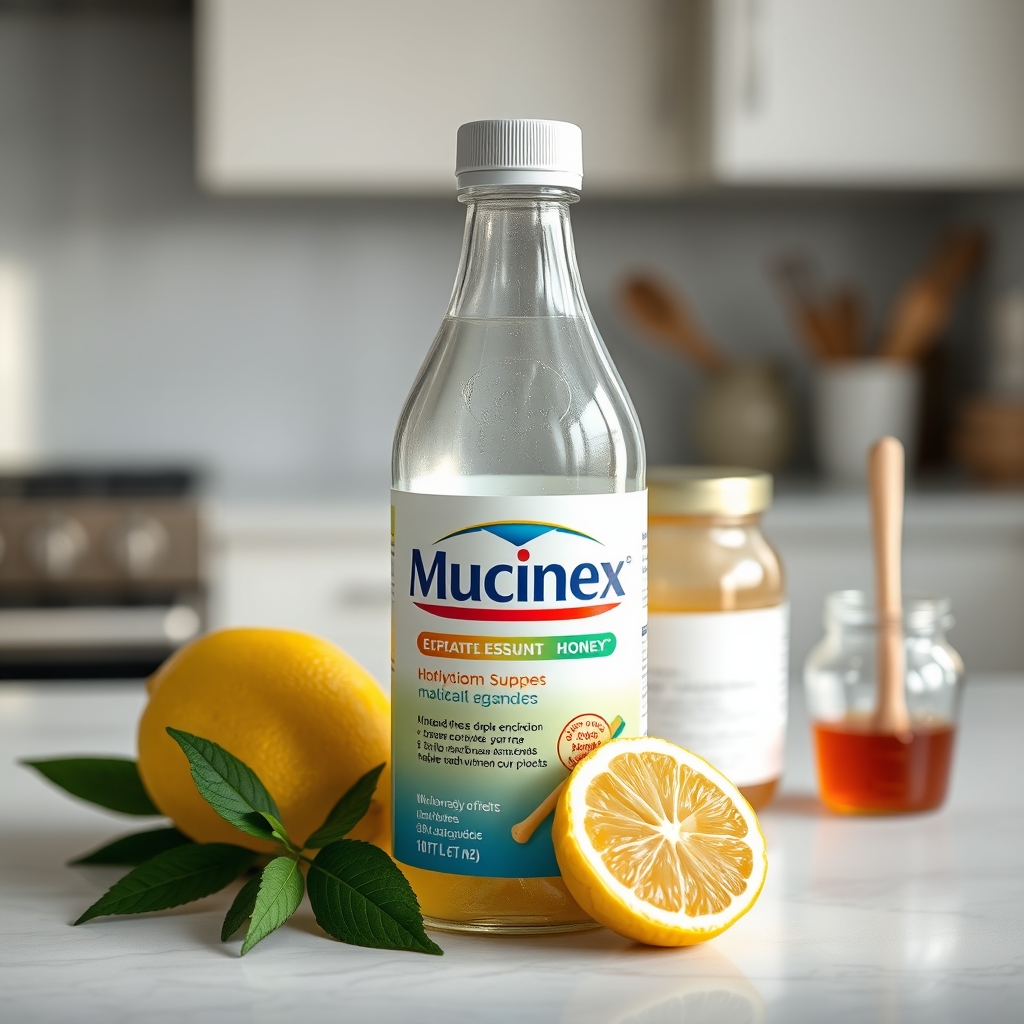 a close‑up of a bottle of Mucinex tablets on a kitchen counter, with a lemon slice and honey jar nearby, representing natural cough remedies alongside medication