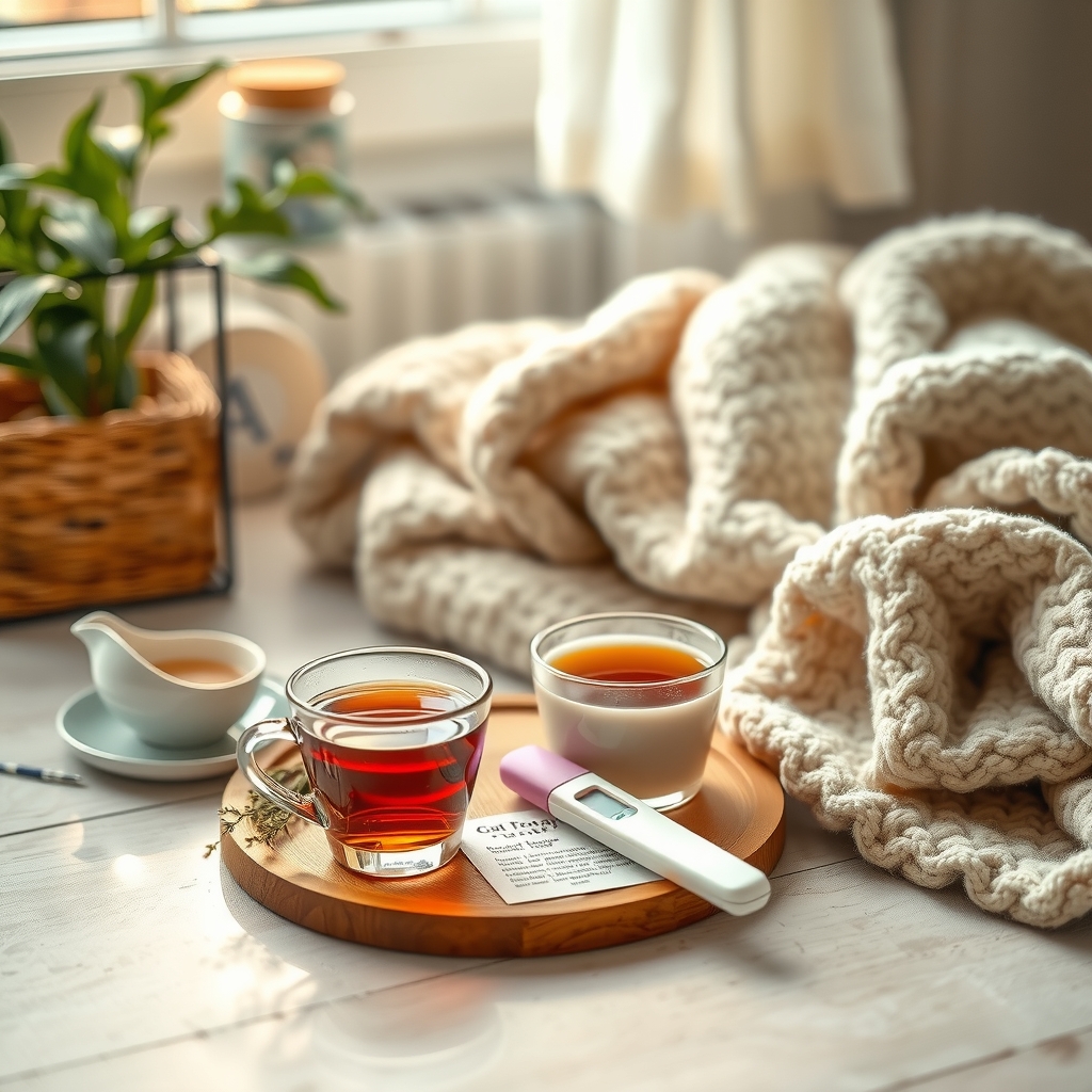 a selection of pregnancy‑safe herbal teas—rooibos, chamomile, peppermint, and ginger—arranged beside a pregnancy test and a soft blanket, bright natural light