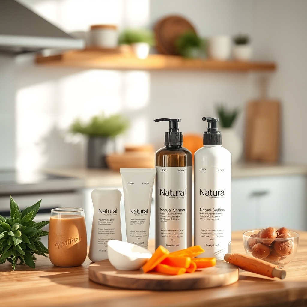 a collection of natural hair coloring products such as henna powder, vegetable-based dye, and color‑depositing conditioner on a wooden countertop, illustrating pregnancy‑safe alternatives