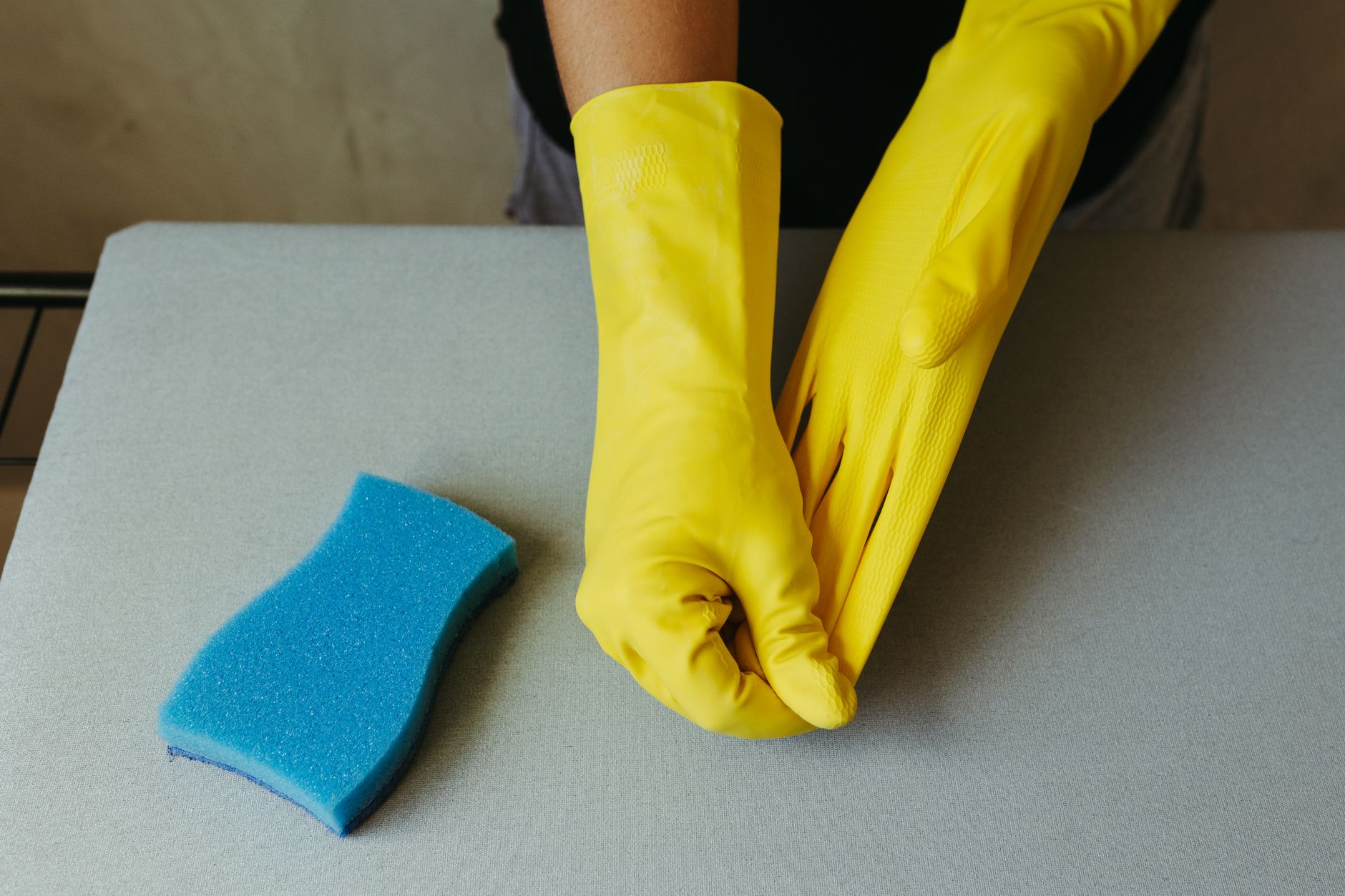 close-up of hands wearing disposable gloves while scrubbing a hamster cage with a sponge
