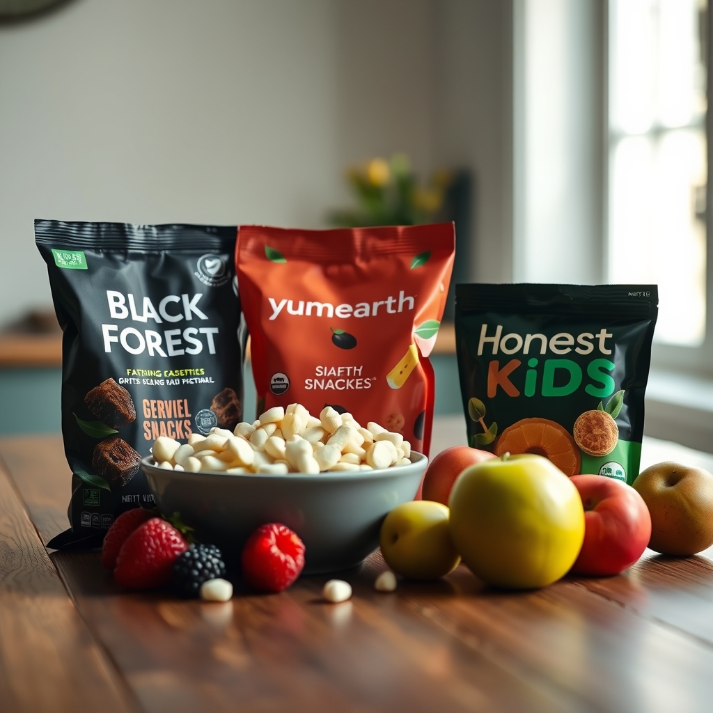 a selection of organic gummy bear snacks and fruit snacks displayed on a wooden board, emphasizing natural ingredients, low sugar content, and a fresh fruit background