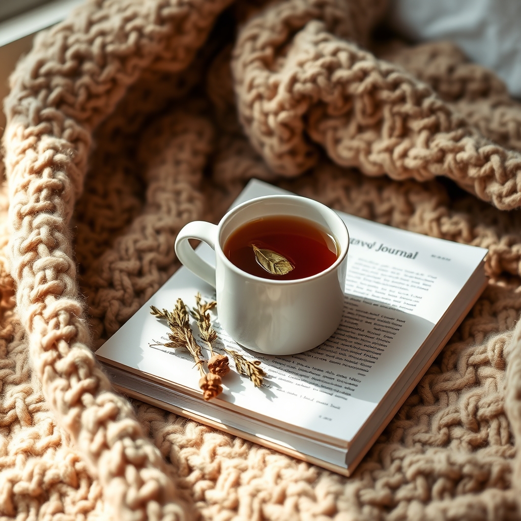 A warm, inviting mug of herbal tea (chamomile or peppermint) on a cozy blanket, next to a pregnancy journal, suggesting comfort and natural remedies.