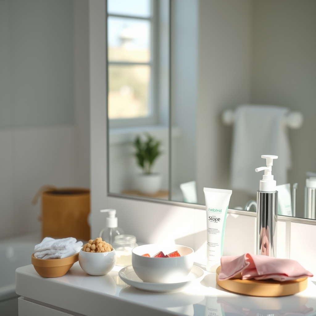 A clean, organized bathroom shelf displaying a tube of hemorrhoid cream, a pack of witch hazel pads, a bottle of fiber supplement, and a small sitz bath basin, illustrating a pregnancy‑friendly self‑care kit