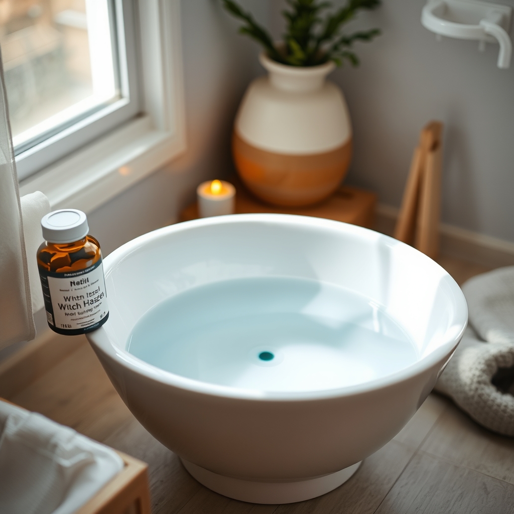 Close‑up of a warm sitz bath filled with water and a few drops of witch hazel, set beside a bottle of prenatal vitamins, highlighting natural hemorrhoid relief during pregnancy