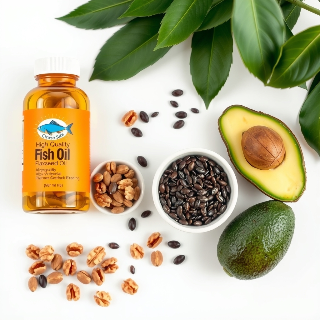 A variety of pregnancy-safe oils and supplements arranged on a clean white surface, including bottles of fish oil, flaxseed oil, and a small bowl of chia seeds.