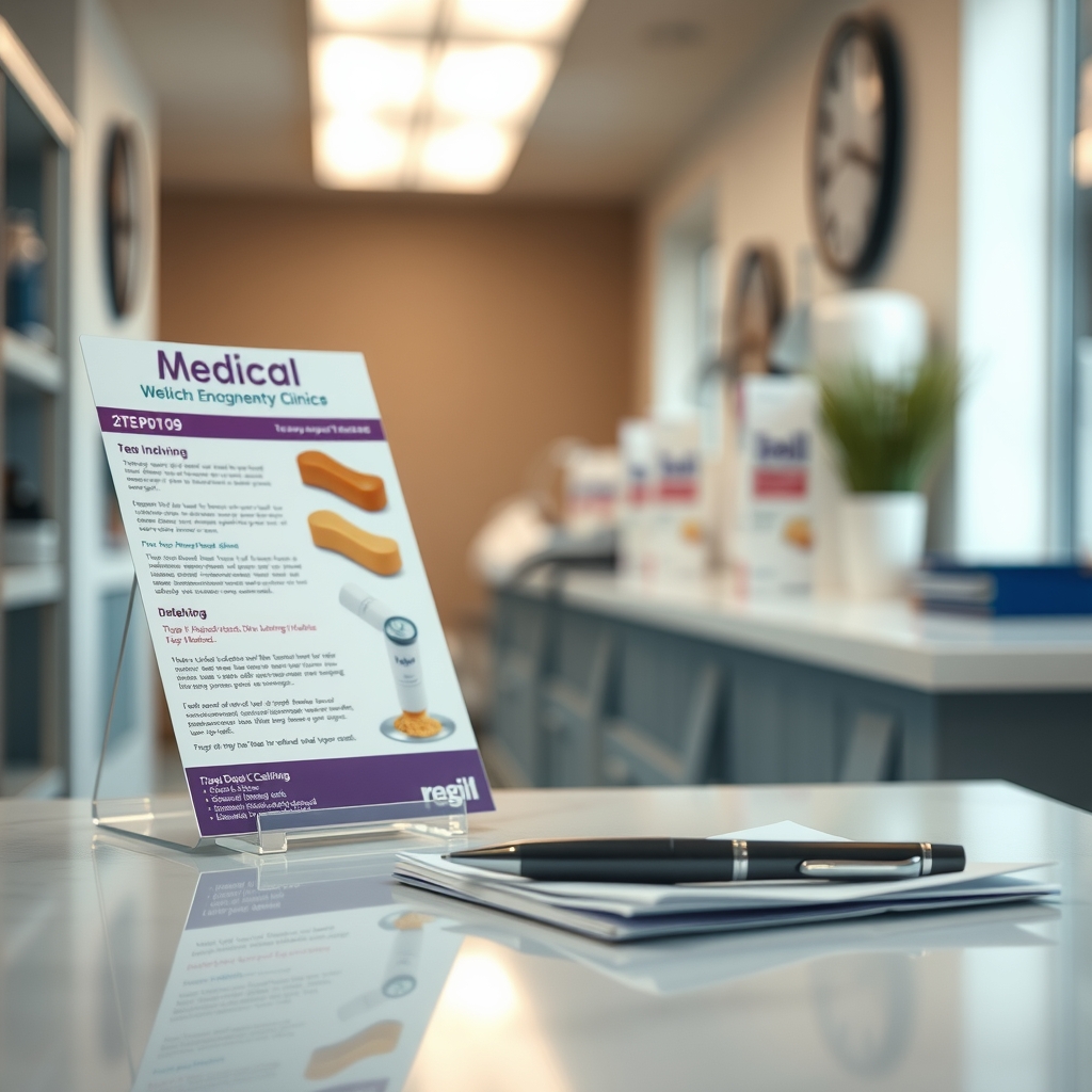 A neat stack of medical pamphlets and a pen on a clean clinic counter, suggesting information and guidance available for expectant parents.