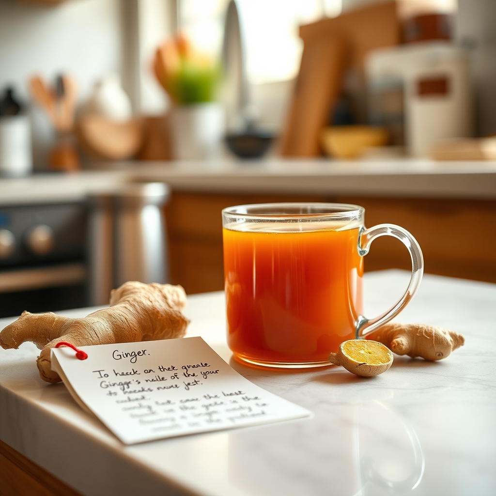 A cozy kitchen table with a steaming mug of ginger tea, a small bowl of fresh ginger root, and a handwritten note that reads '1 gram ginger per day is safe in pregnancy', soft morning light highlighting the scene