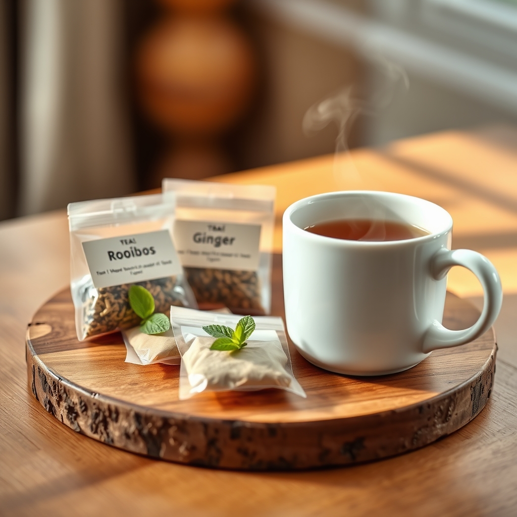 a selection of herbal tea bags arranged on a wooden board, each labeled with soothing botanical names, a steaming mug beside them, soft daylight highlighting the natural colors