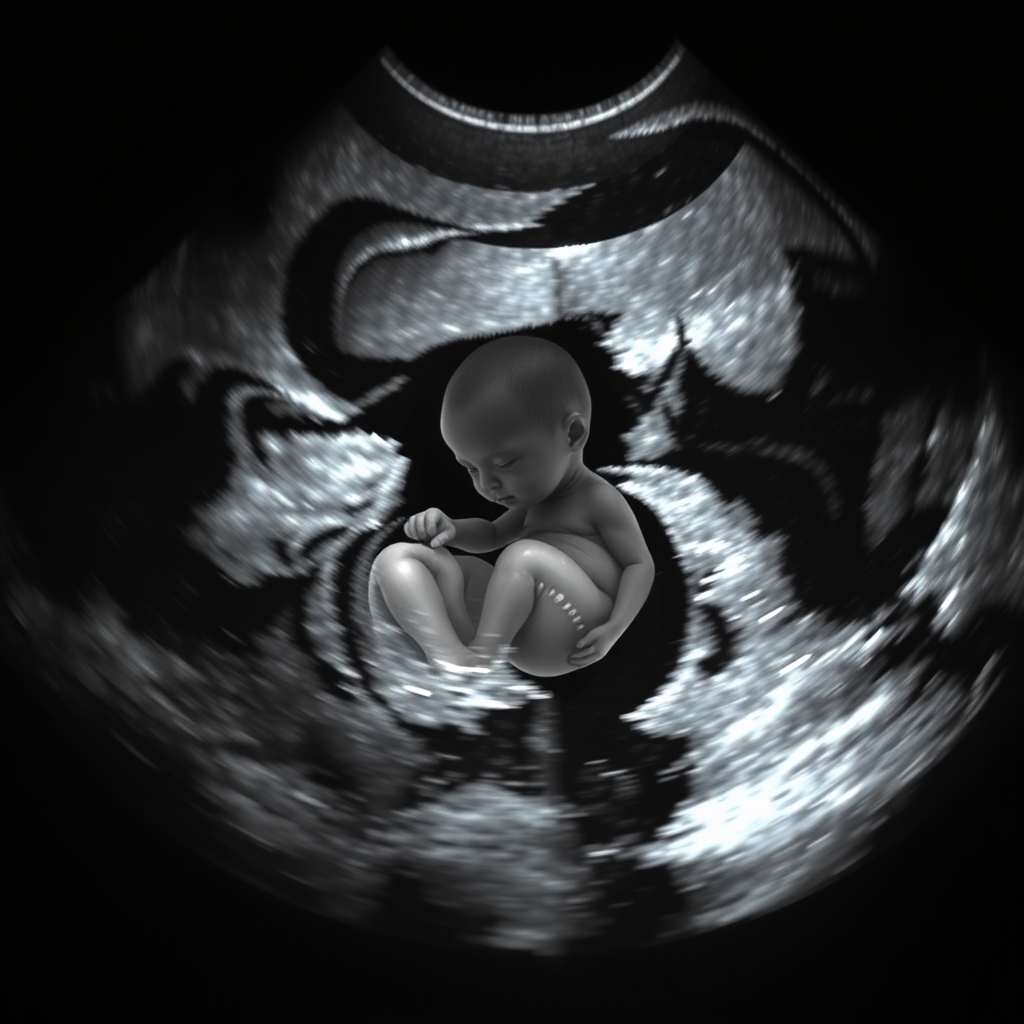 ultrasound image of a developing fetus with a visible placenta and amniotic fluid sac, caption emphasizing monitoring during diuretic therapy, 1200x675