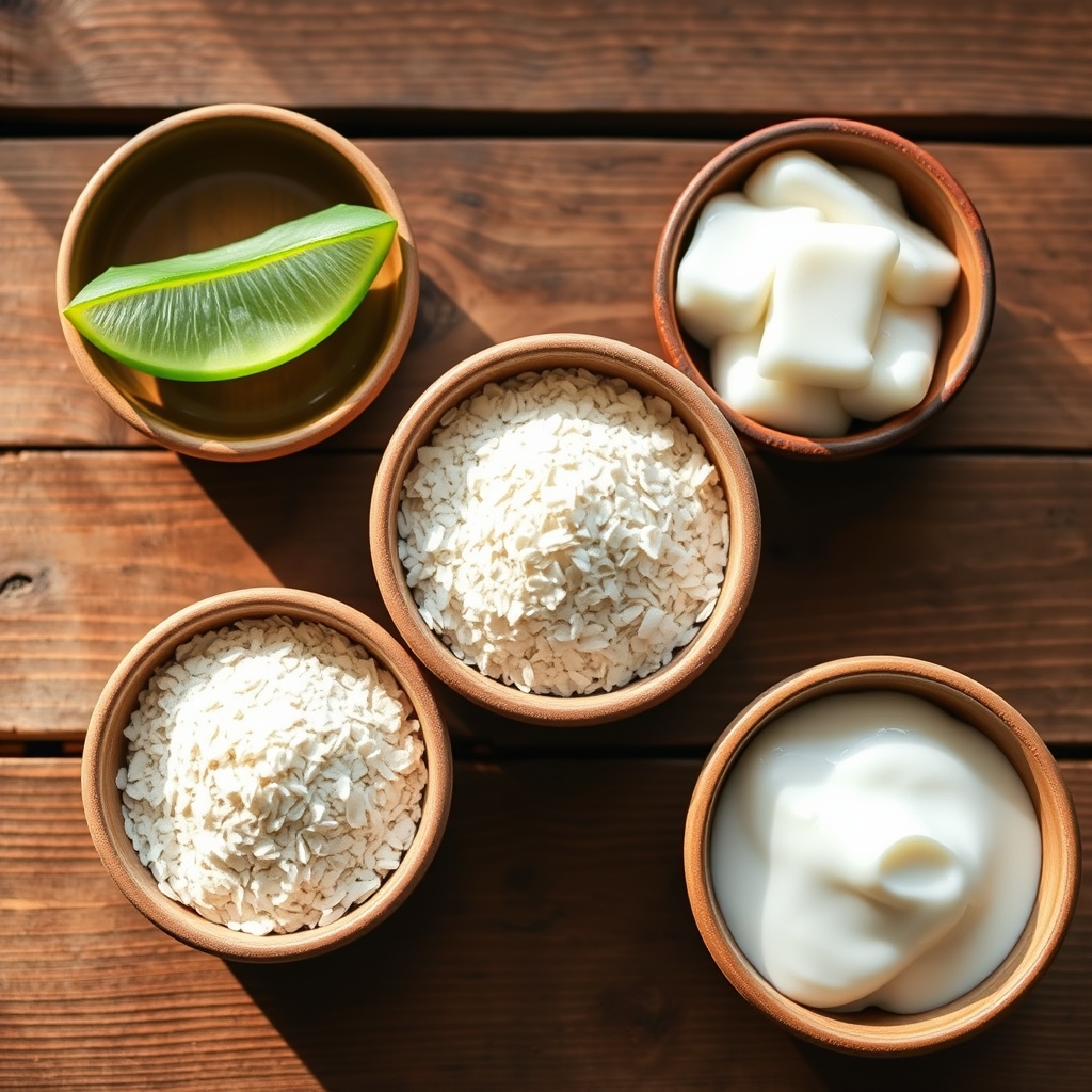 Various natural remedies for itchy skin like aloe vera leaf, oatmeal, and coconut oil in small bowls on a wooden surface