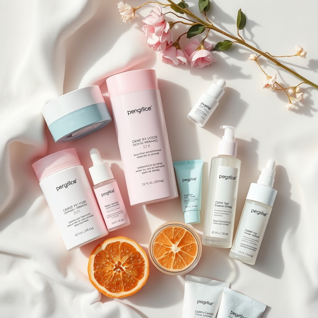 a selection of pregnancy‑safe skin‑care products including a tube of hydrocortisone cream, a jar of calamine lotion, and a bottle of aloe vera gel, arranged on a pastel‑colored towel