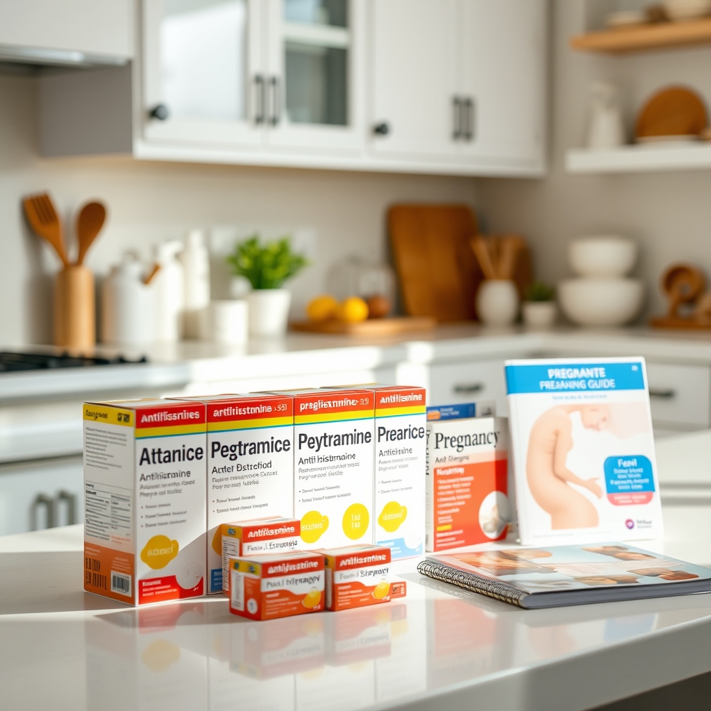 A selection of over‑the‑counter antihistamines—diphenhydramine, loratadine, cetirizine—arranged on a kitchen counter with a pregnancy nutrition guide
