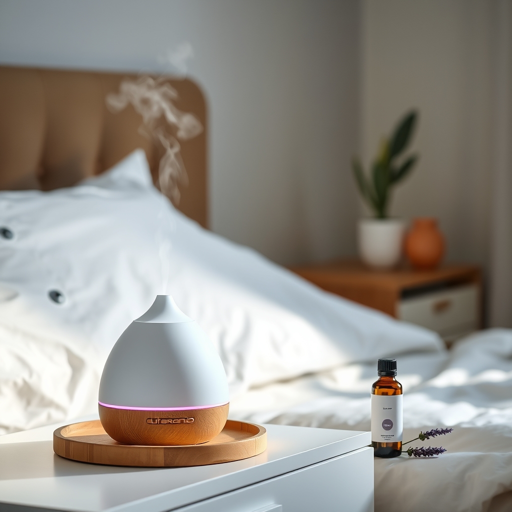 A sleek ultrasonic aroma diffuser on a nightstand, misting gently, with a small bottle of lavender essential oil beside it, creating a calm bedroom ambience