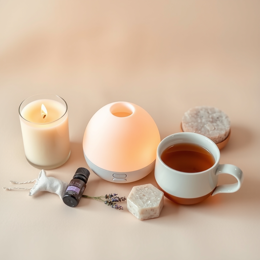 collection of pregnancy-safe relaxation tools including a soy candle, essential oil diffuser, and lavender sachet