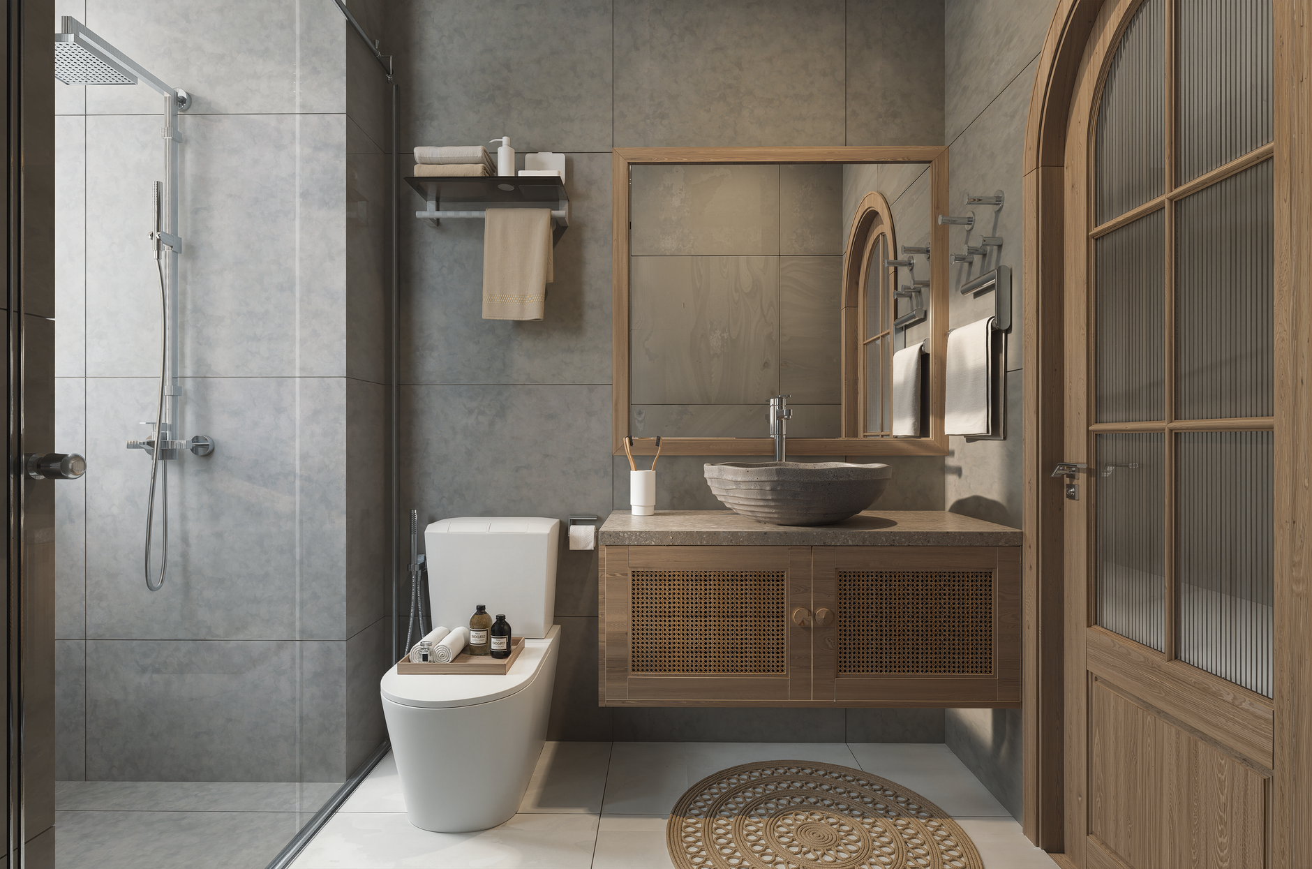 A cool shower running in a modern bathroom with a pregnancy-safe bath mat