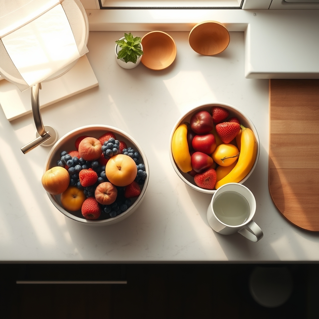 A cozy kitchen counter with a bowl of fresh fruit, a glass of water, and a steaming mug of herbal tea, bright natural light, inviting and clean
