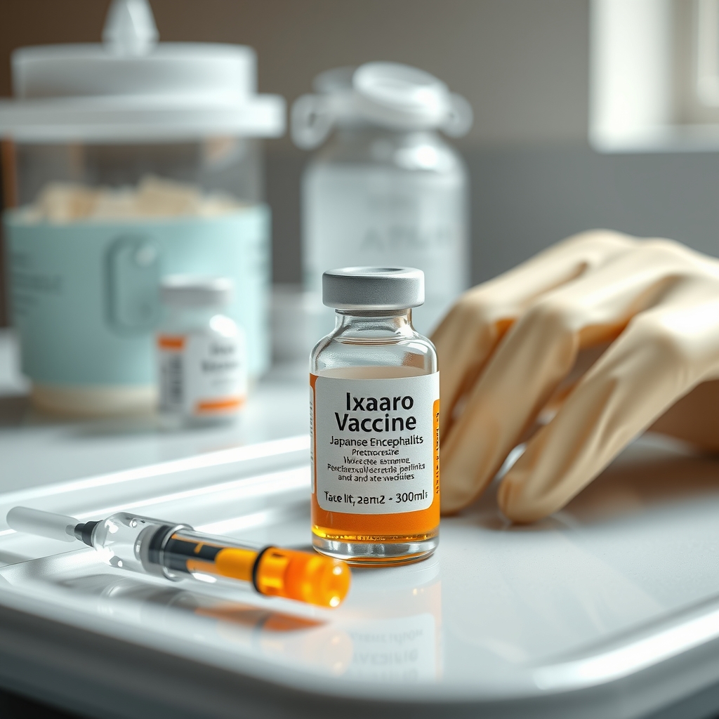 close-up of a vaccine vial labeled Ixiaro with a syringe and medical gloves