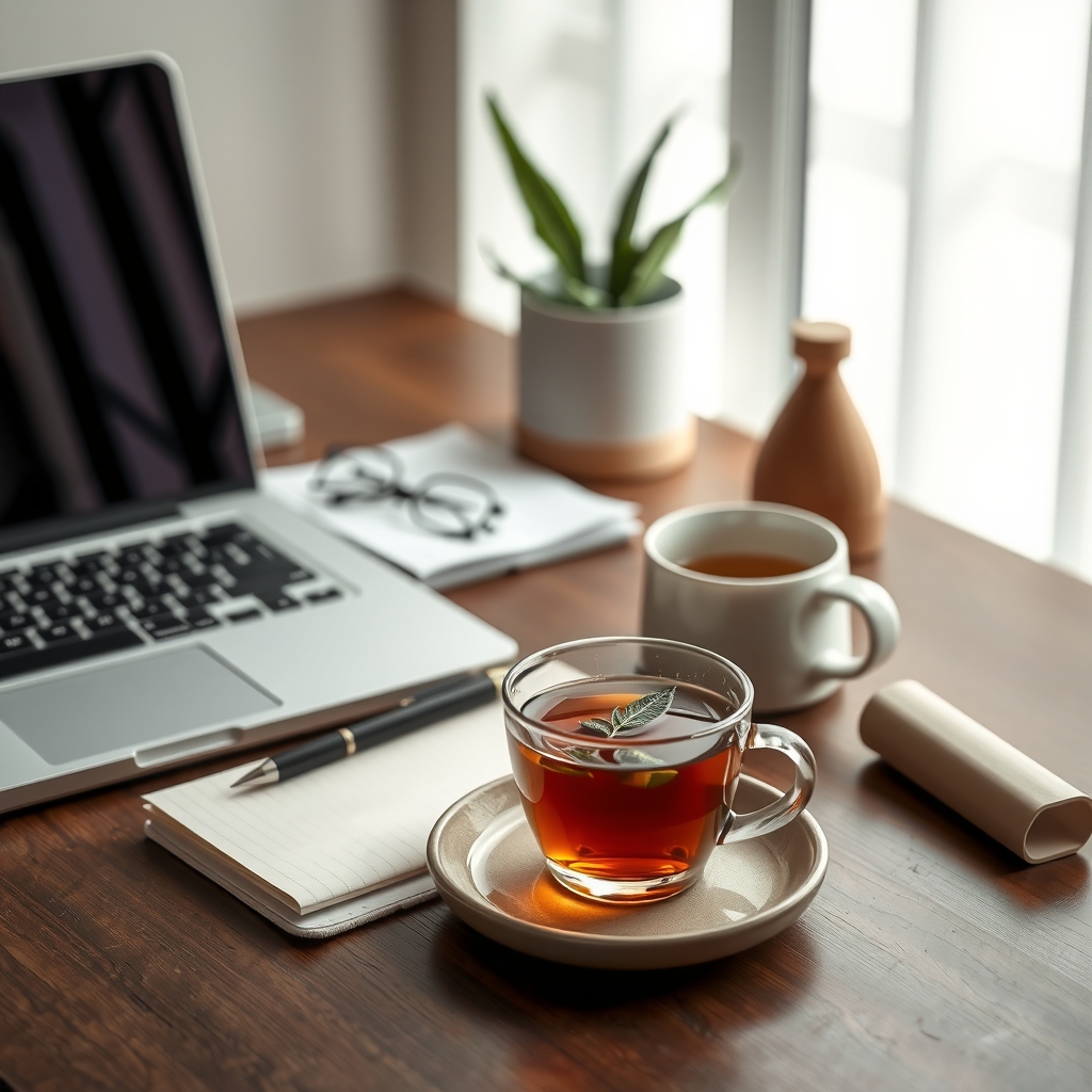 A clean, organized desk with a laptop, a notebook, a pen, and a warm cup of herbal tea, suggesting a safe and calm work environment
