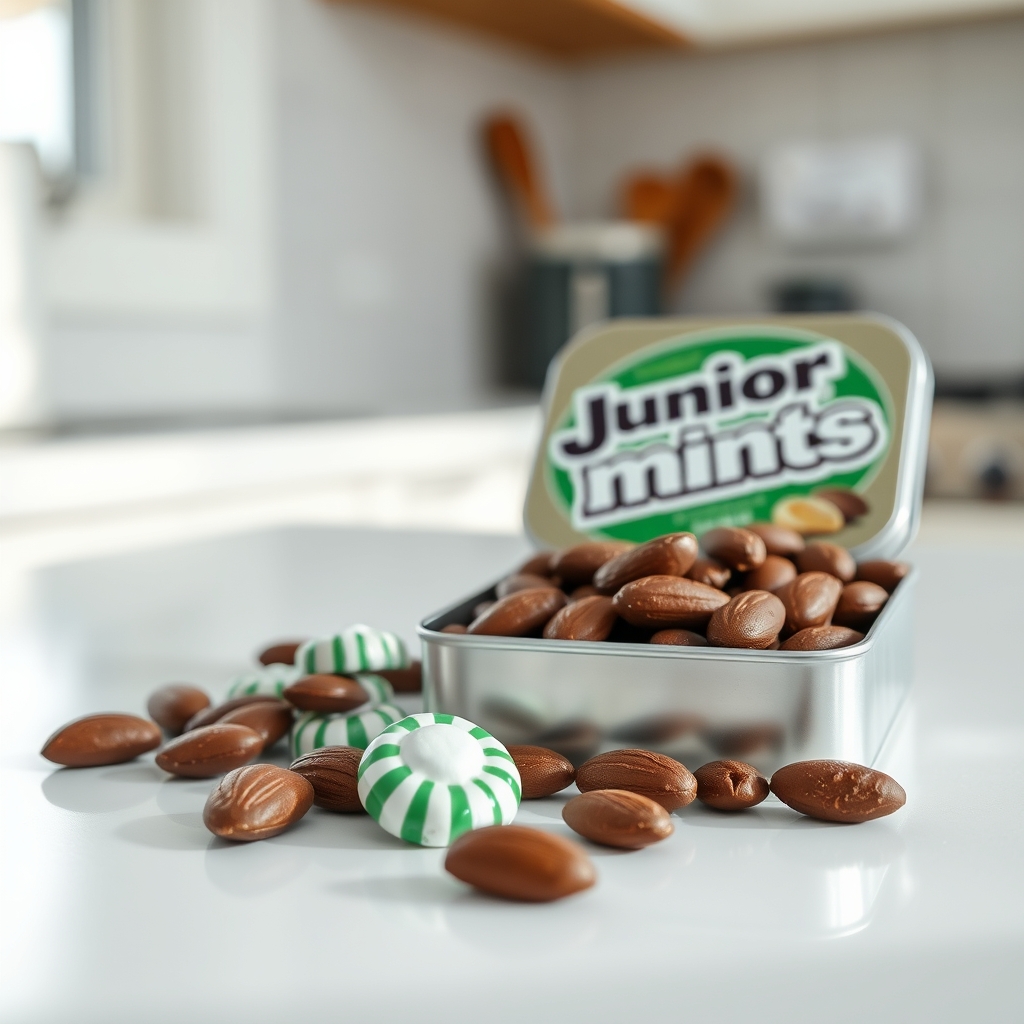 A small bowl of dark chocolate covered almonds beside a tin of Junior Mints on a pastel kitchen countertop