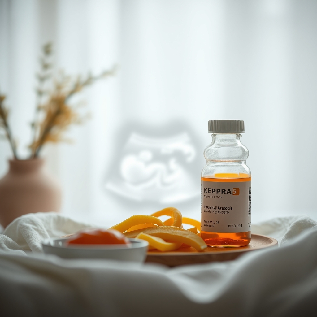 a prenatal ultrasound image showing a healthy fetus, with a faint overlay of a medication bottle silhouette representing seizure control