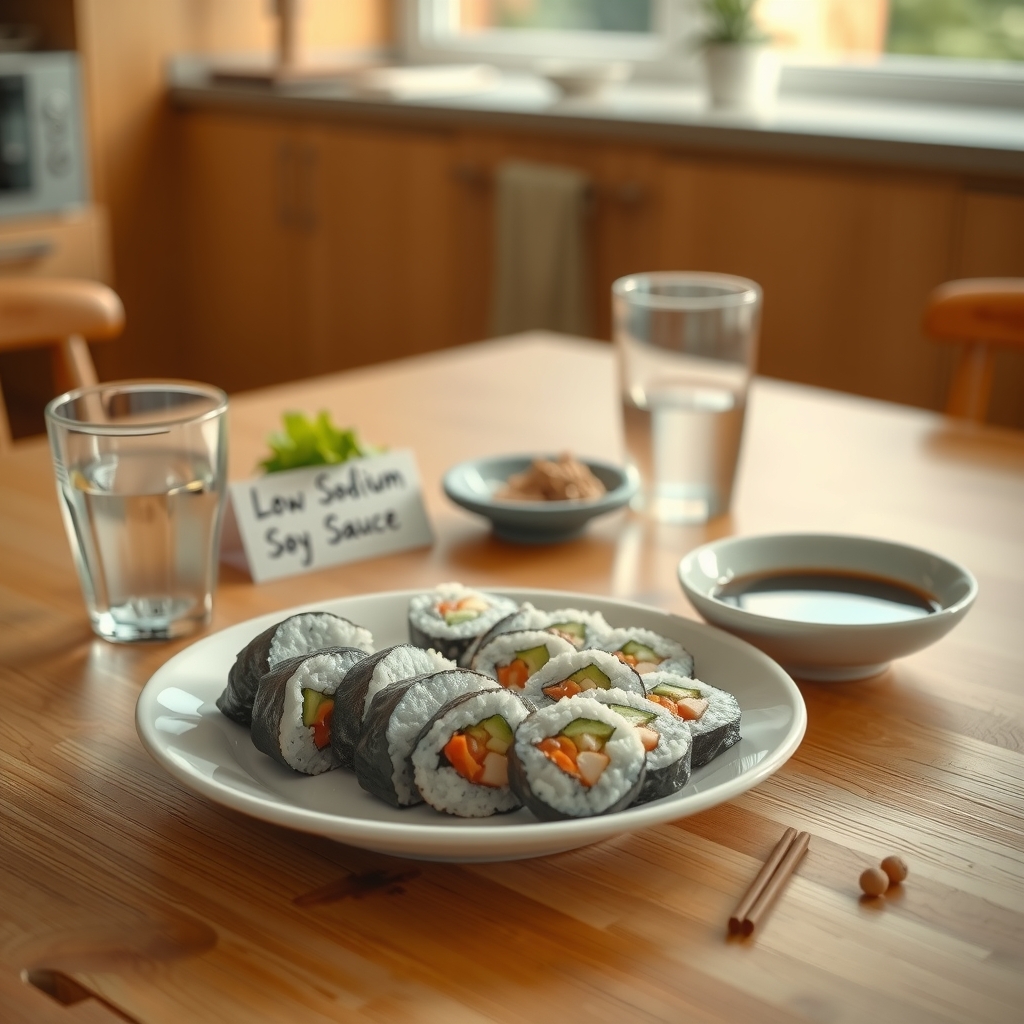 a bright kitchen table with a plate of sliced kimbap, a small bowl of low‑sodium soy sauce, a glass of water, and a handwritten note reminding to reheat before eating, soft daylight