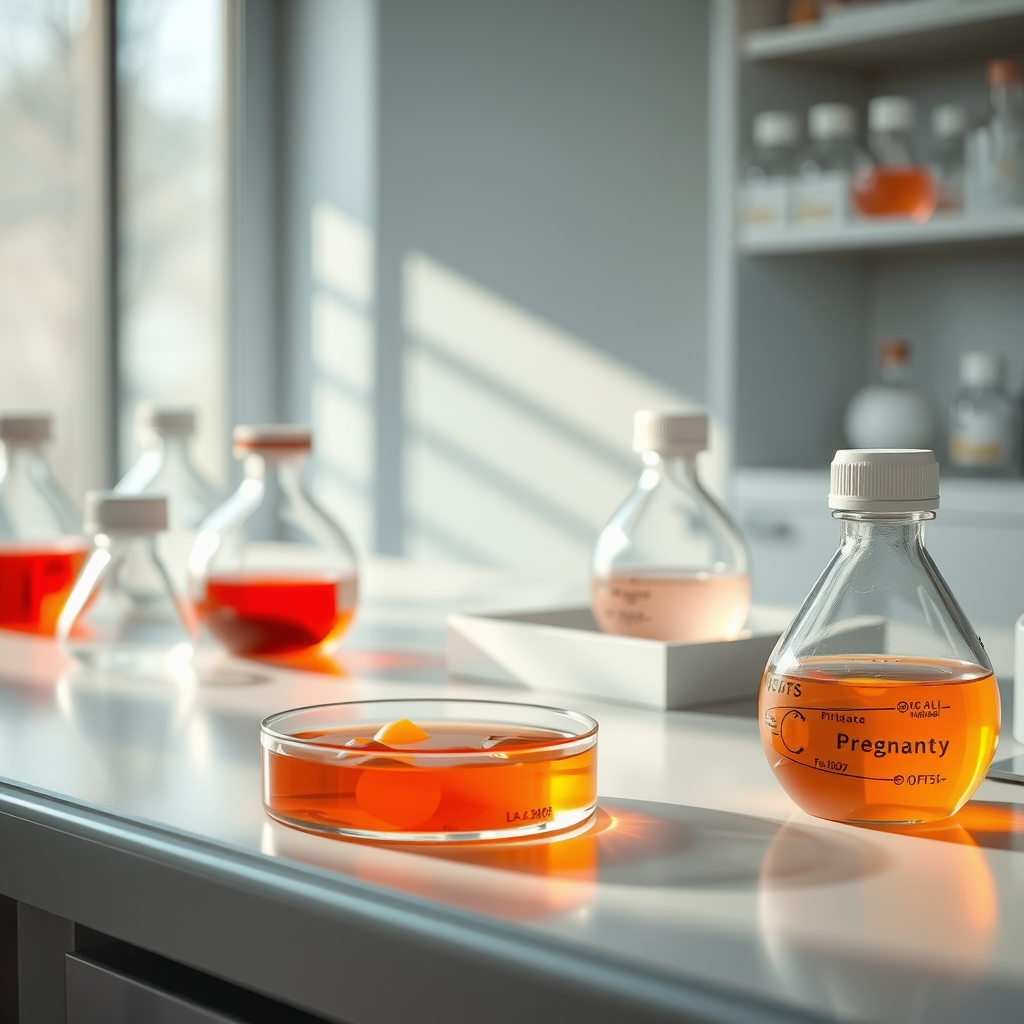 A laboratory setting with glass petri dishes labeled 'Kojic Acid' alongside a pregnancy icon, soft diffused lighting emphasizing the research environment