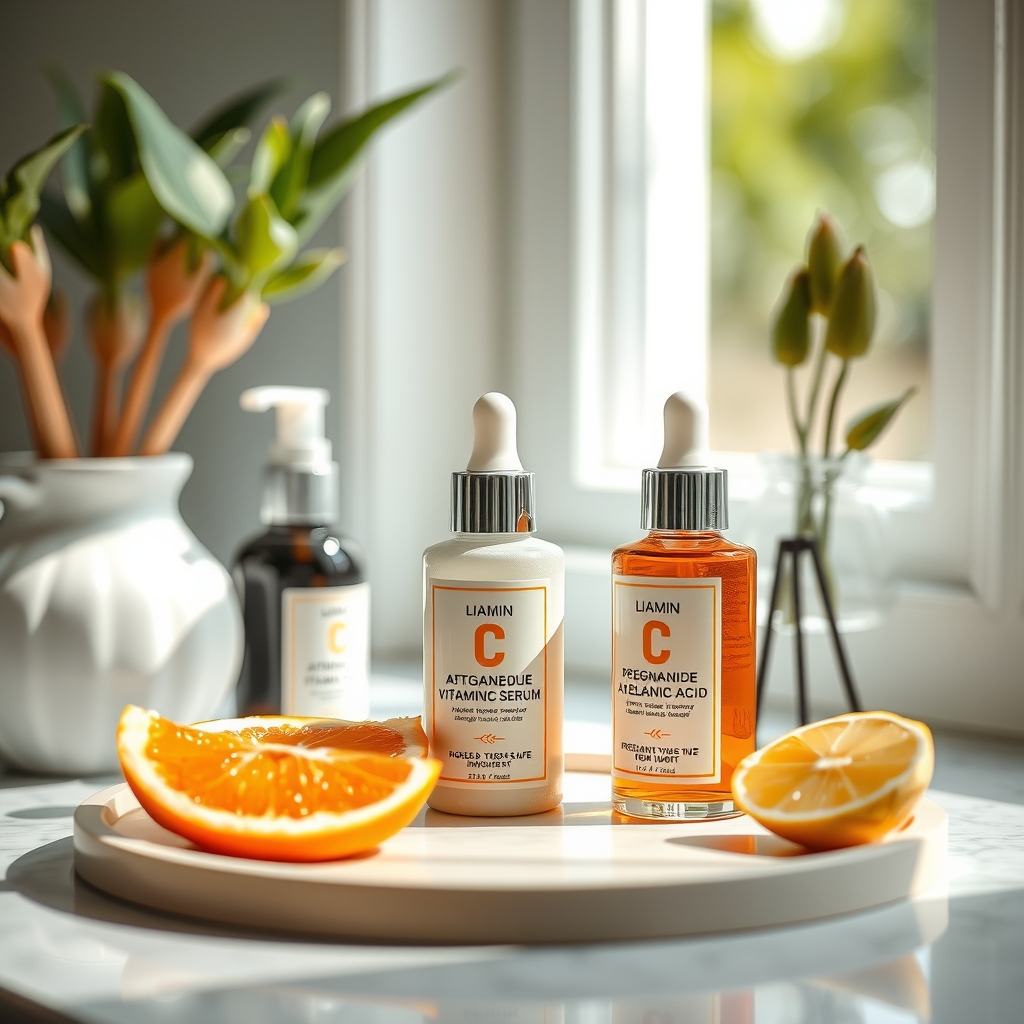 A tidy vanity with several pregnancy‑safe skincare bottles, including vitamin C serum, niacinamide, and azelaic acid, illuminated by natural window light