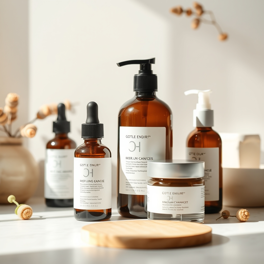 A collection of pregnancy‑safe skincare products arranged on a white countertop, highlighting gentle moisturizers and mineral sunscreens