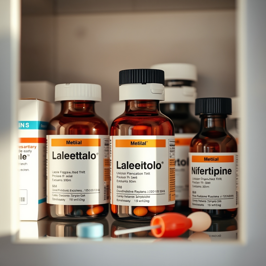 a neatly organized medicine cabinet showing labeled bottles of labetalol, methyldopa, and nifedipine, emphasizing safe medication storage during pregnancy