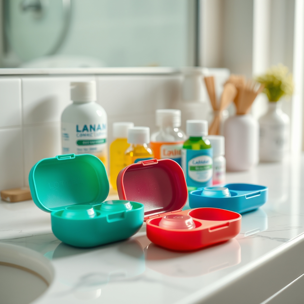 A variety of colorful contact lens cases and solution bottles neatly arranged on a bathroom counter, with a soft towel in the background.