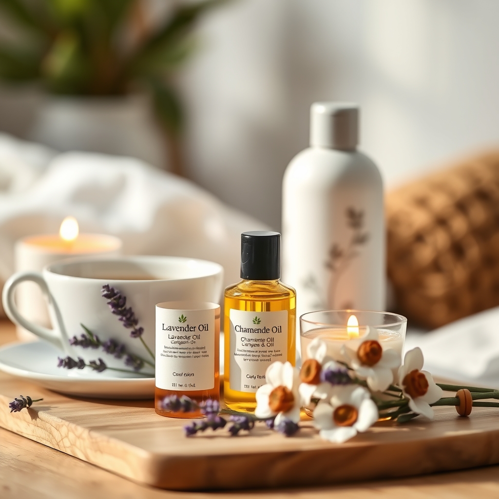 A collection of calming pregnancy‑safe products on a wooden countertop, including a lavender essential oil bottle, a jar of sweet almond carrier oil, a steaming cup of chamomile tea, and a soft candle, illustrating alternative relaxation options